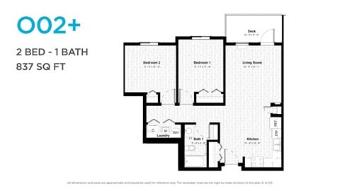 Floor plan for 2 beds, 1 bath, 826 sqft
